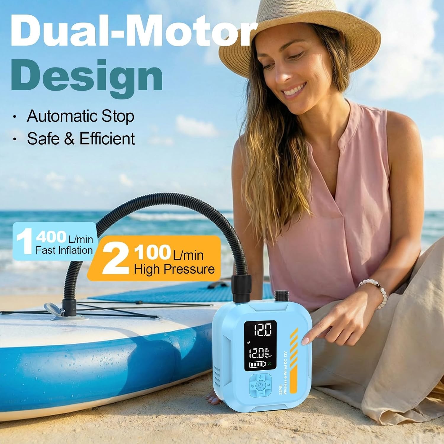 22PSI Rechargeable Electric SUP Air Pump | Inflator for Paddle Board, boat, tent