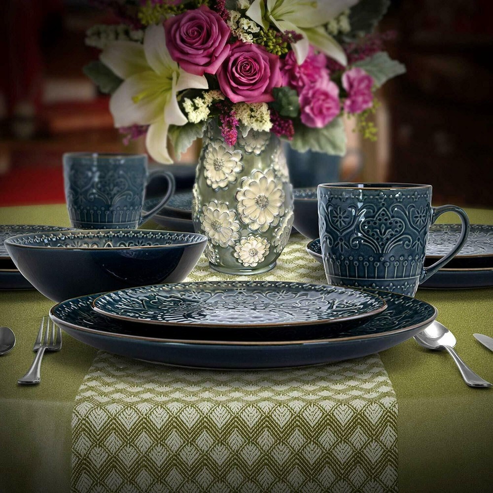 Elama Deep Sea Mozaic 16 Pc Mandala Pattern Complete Stoneware Dinnerware Set 4