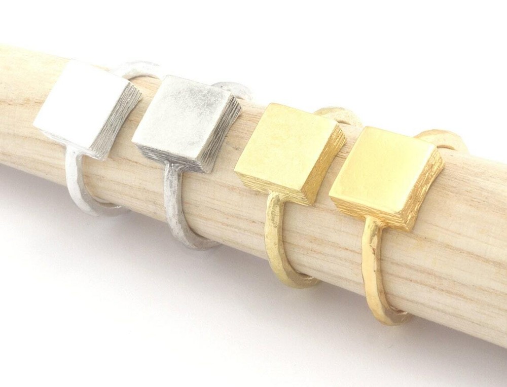 Square Brushed Edge Ring Base Adjustable Silver,Raw Brass,Shiny gold-silver 4683