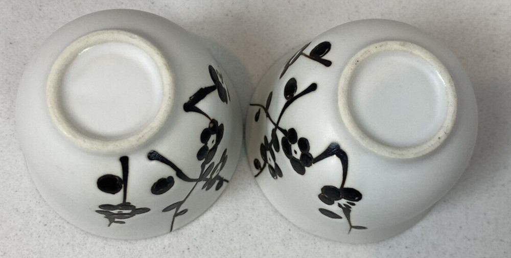 White Ceramic Teapot w Black Flowers & Two Cups Wicker Handle EUC