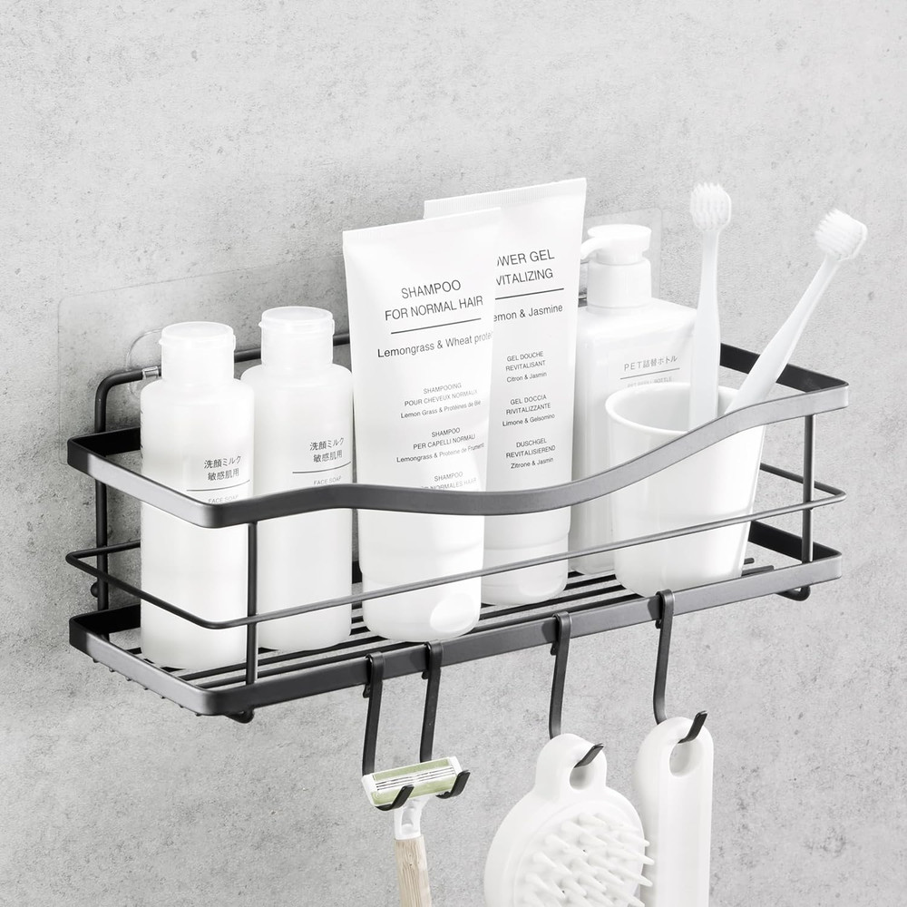 Premium Shower Caddy - Self Adhesive Shower Shelf with 4 Hooks - No Drill Large