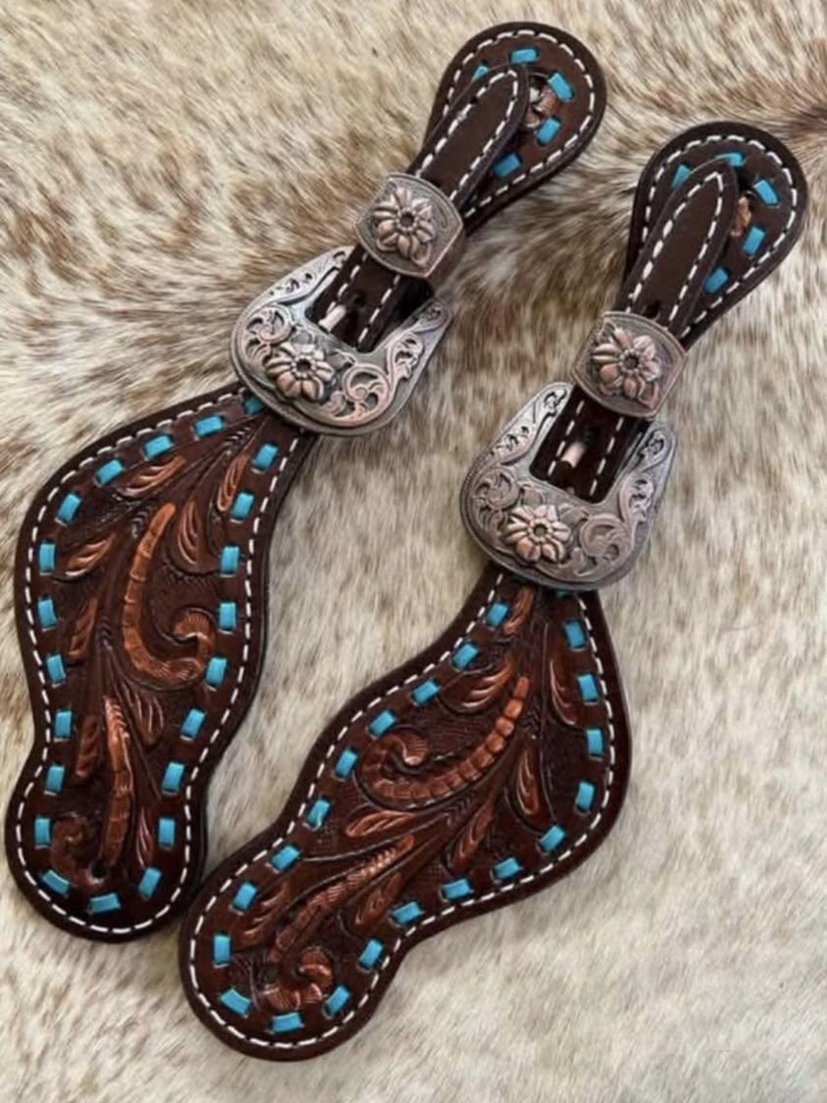 Ladies Size Pair Leather Teal Buckstitch Western Spur Straps