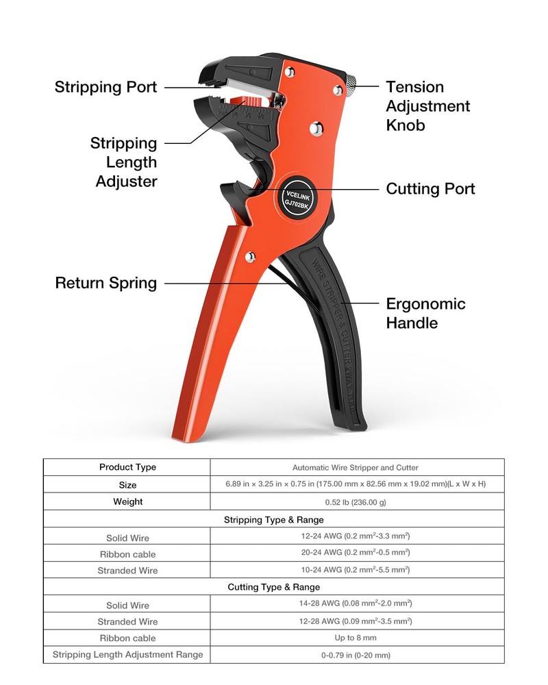 VCELINK Automatic Quickstrip Wire Stripper and Cutter, Professional Black
