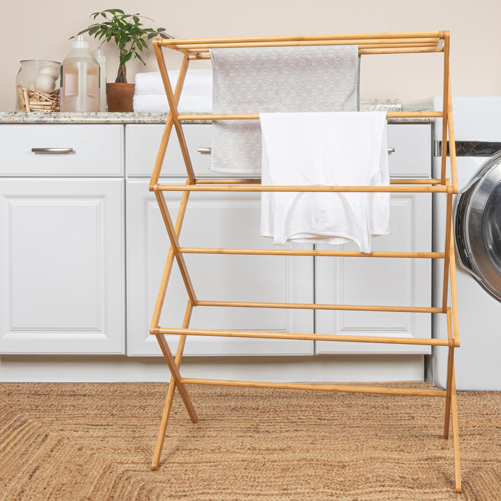 Household Essentials Bamboo Folding Clothes Drying Rack, Upscale Laundry Rack wi
