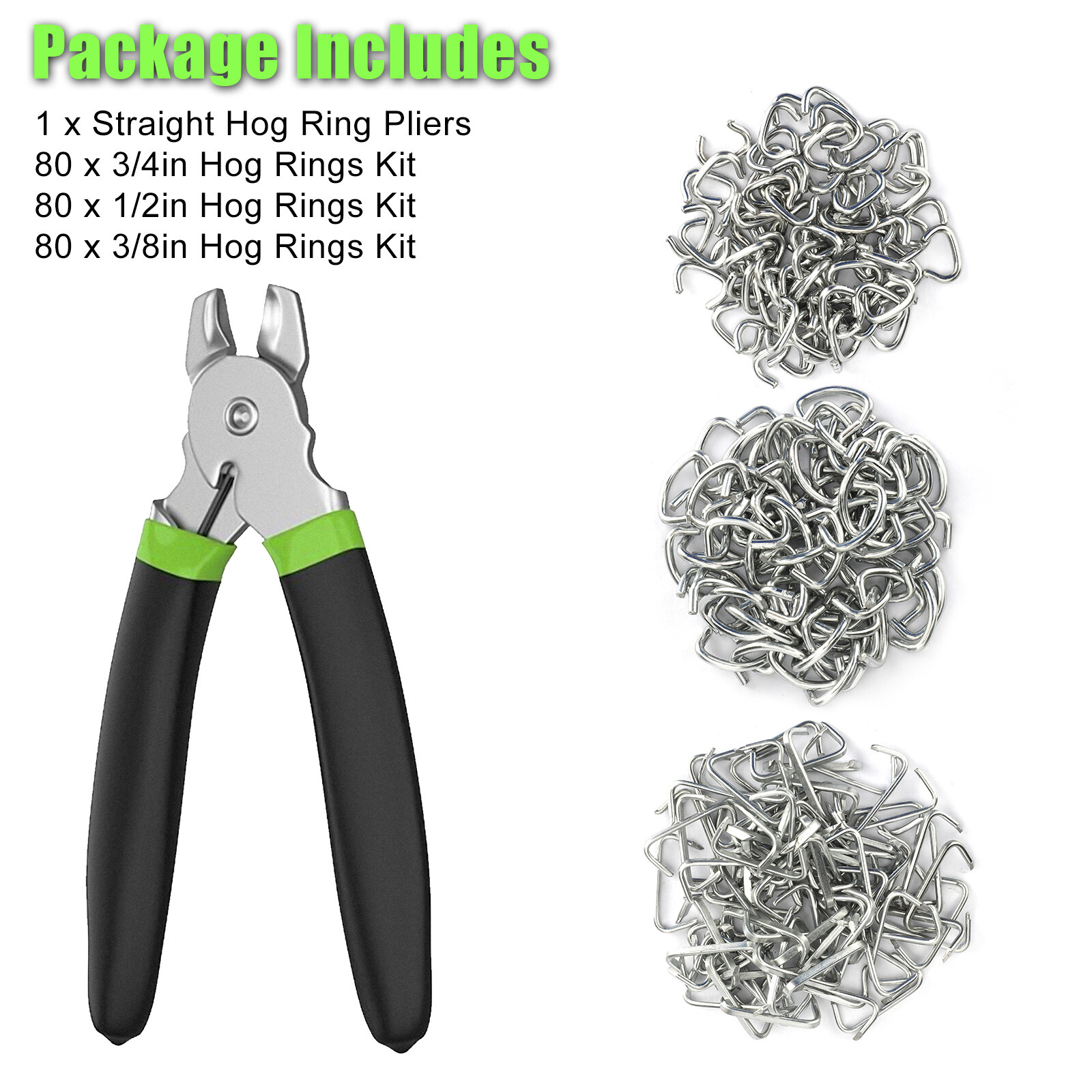 Straight Hog Ring Pliers 240Pcs 3/4 1/2 3/8 inch Rings Kit Upholstery Seat Cover