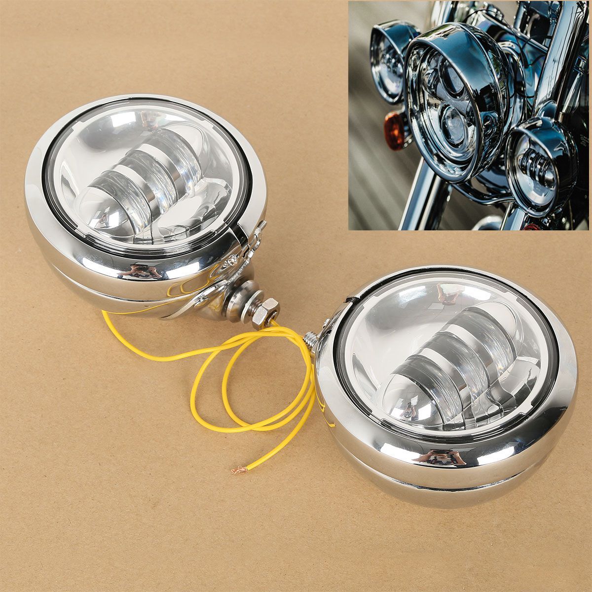 Chrome 4-1/2" Auxiliary Fog Passing Lights & Housing Bucket For Harley Davidson