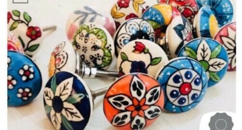 Indian Set 10 pc Multi Color Ceramic Door Pulls Set of Handmade Cabinet knobs
