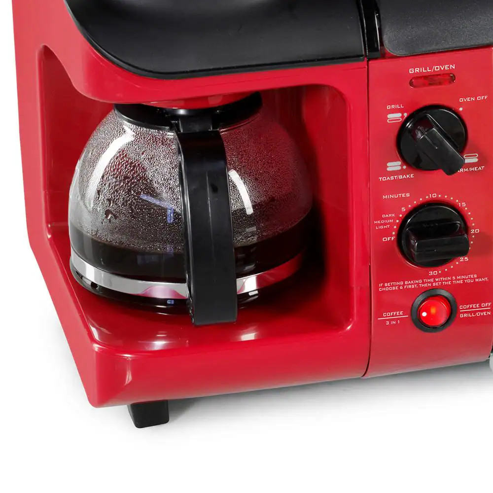 1500 W 4-Slice Red Toaster Oven Breakfast Station