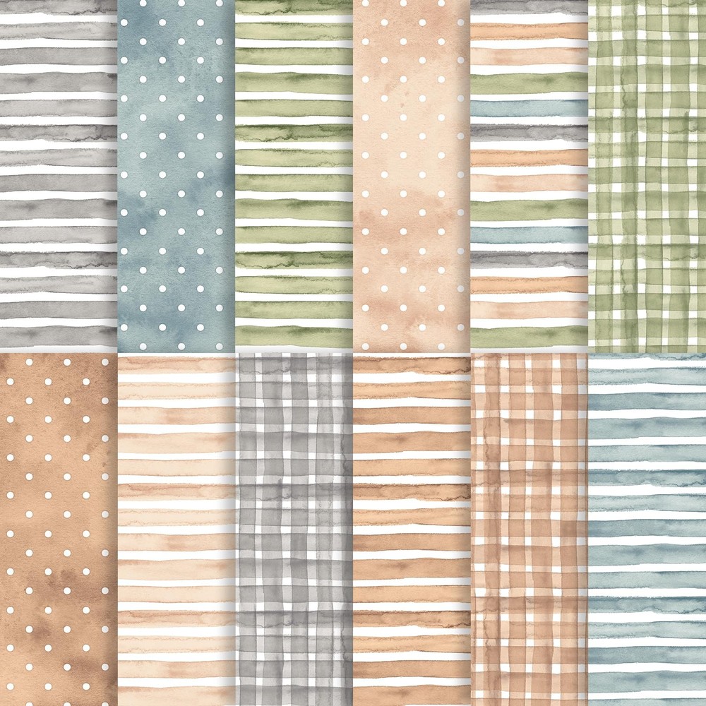24 Sheets Earth Tone Scrapbook , Double-Sided Neutral Color Strips Patterns D...