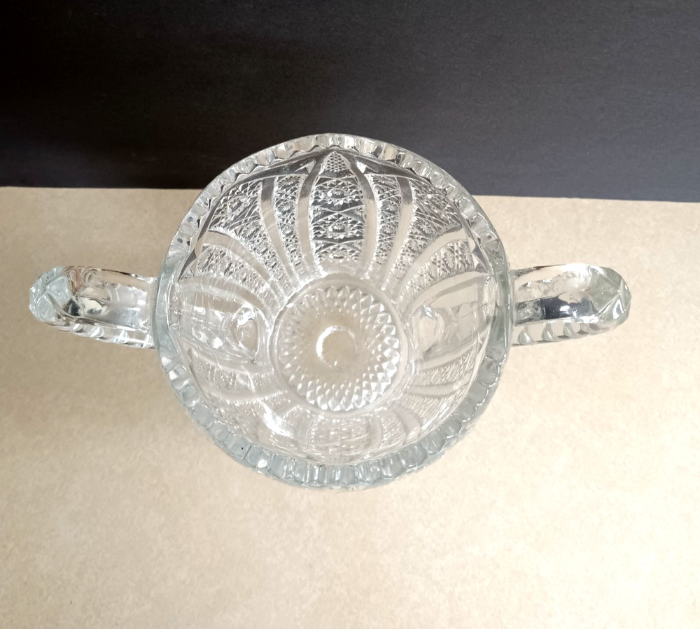 Antique EAPG Pressed Glass Double Handle Sugar Bowl Spooner Star Pattern