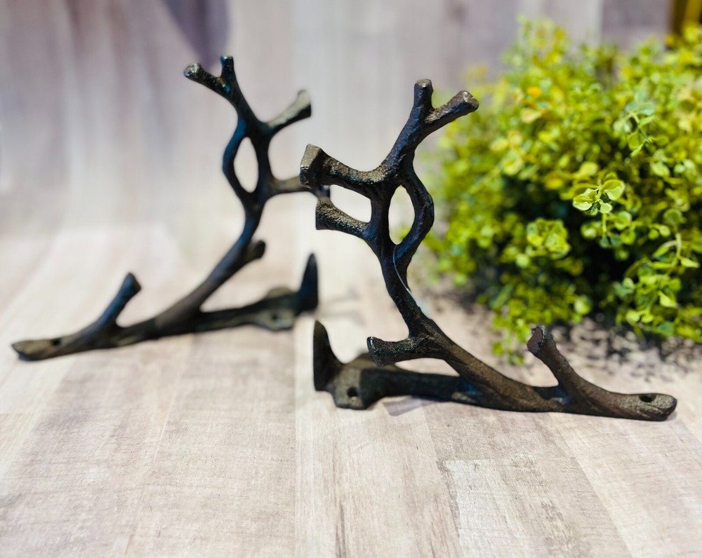 TWO (2) Cast Iron Shelf Bracket Wall Mount Hardware Brace Tree Branch Sculpture