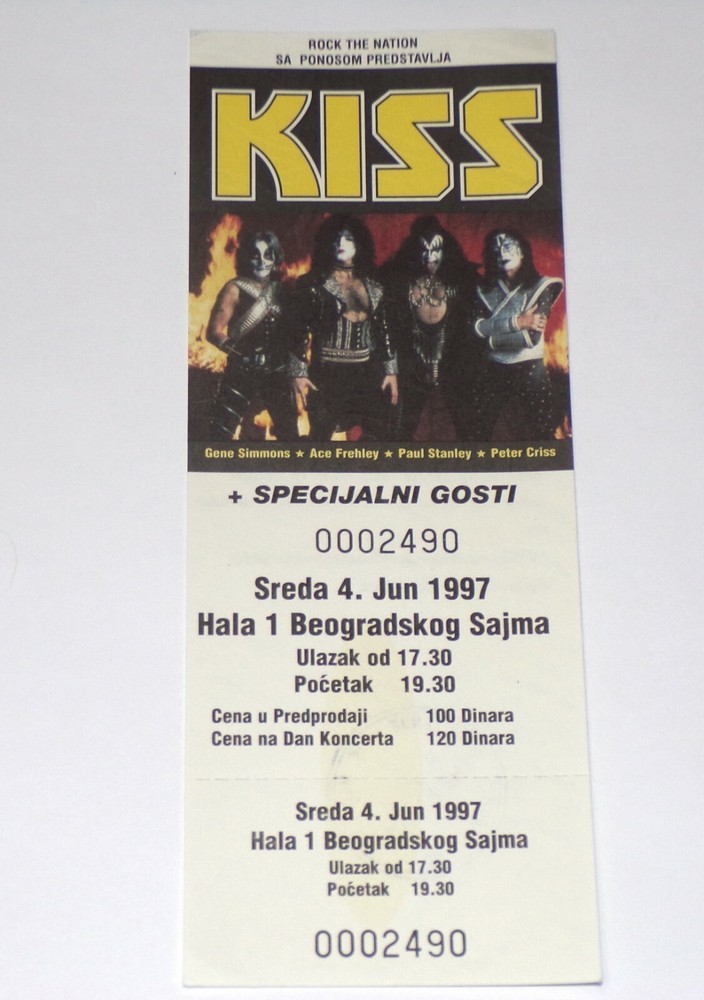 KISS Full Ticket Stub 1997 Reunion Concert Tour Belgrade Yugoslavia Vintage Kiss