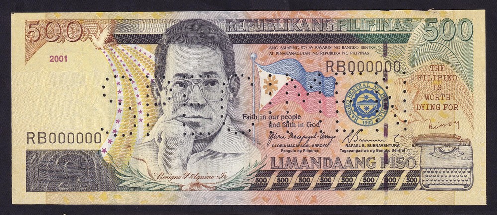 2001 NEW DESIGN 500 Pesos SPECIMEN SOLID NO. RB000000 Philippine Banknote