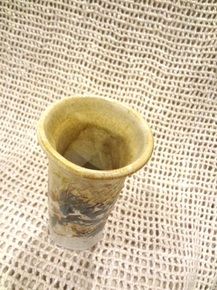 Glazed Pottery Vase Handcrafted 6.5" Earthenware Light Tan & White, Teal~Signed