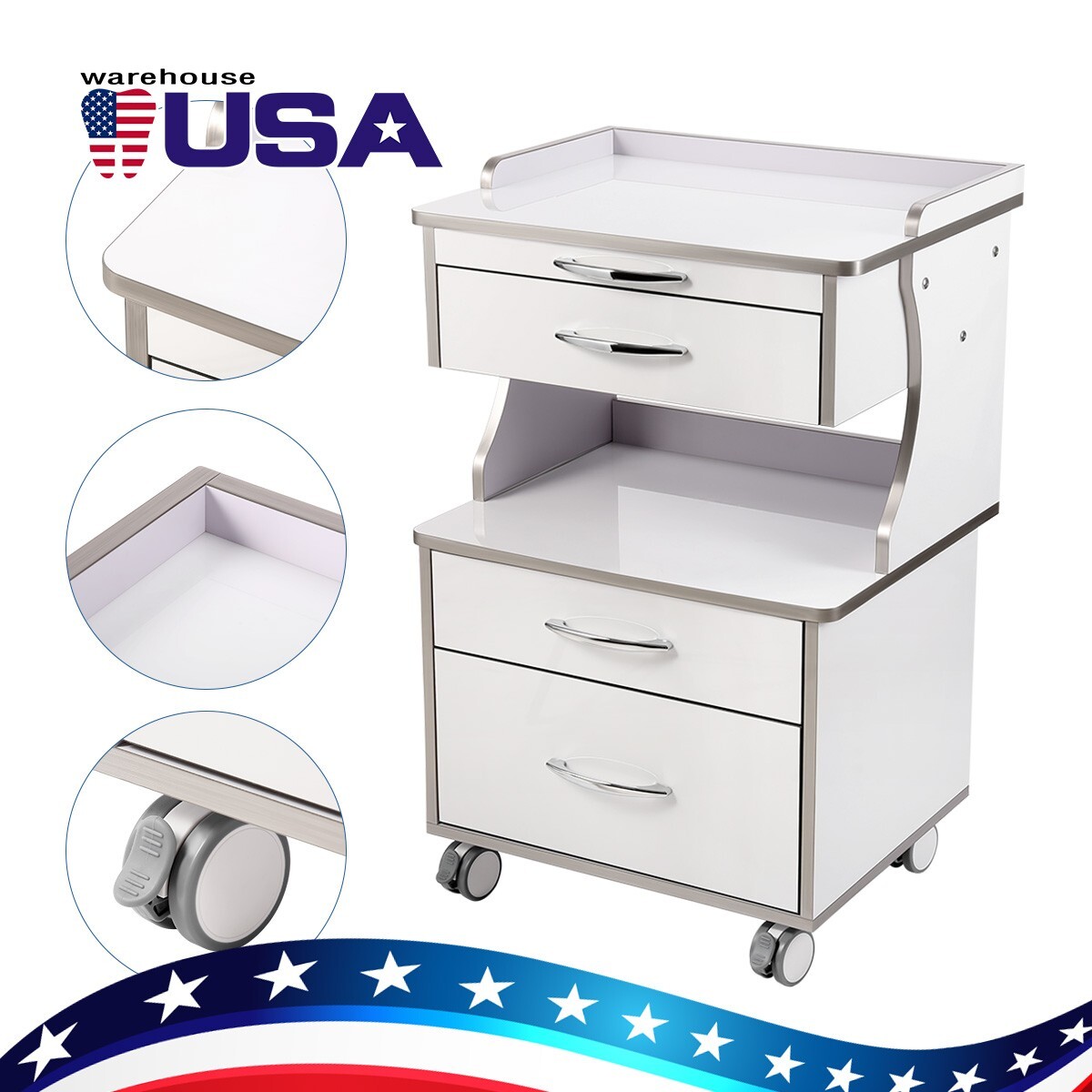 Dental Cart Storage Cabinet 3Drawers Mobile Utility Cart Medical Cabinet Trolley