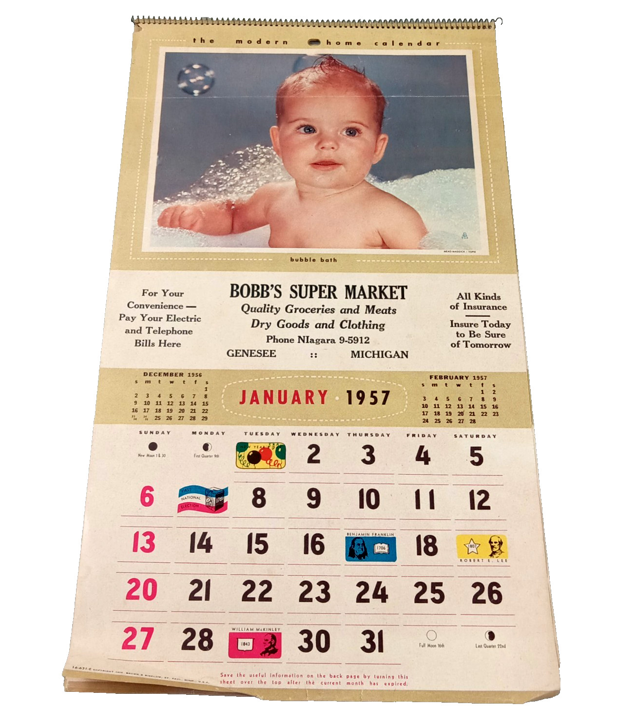 Vintage 1957 BOBB'S SUPER MARKET Genesee, Michigan Advertising Wall Calendar
