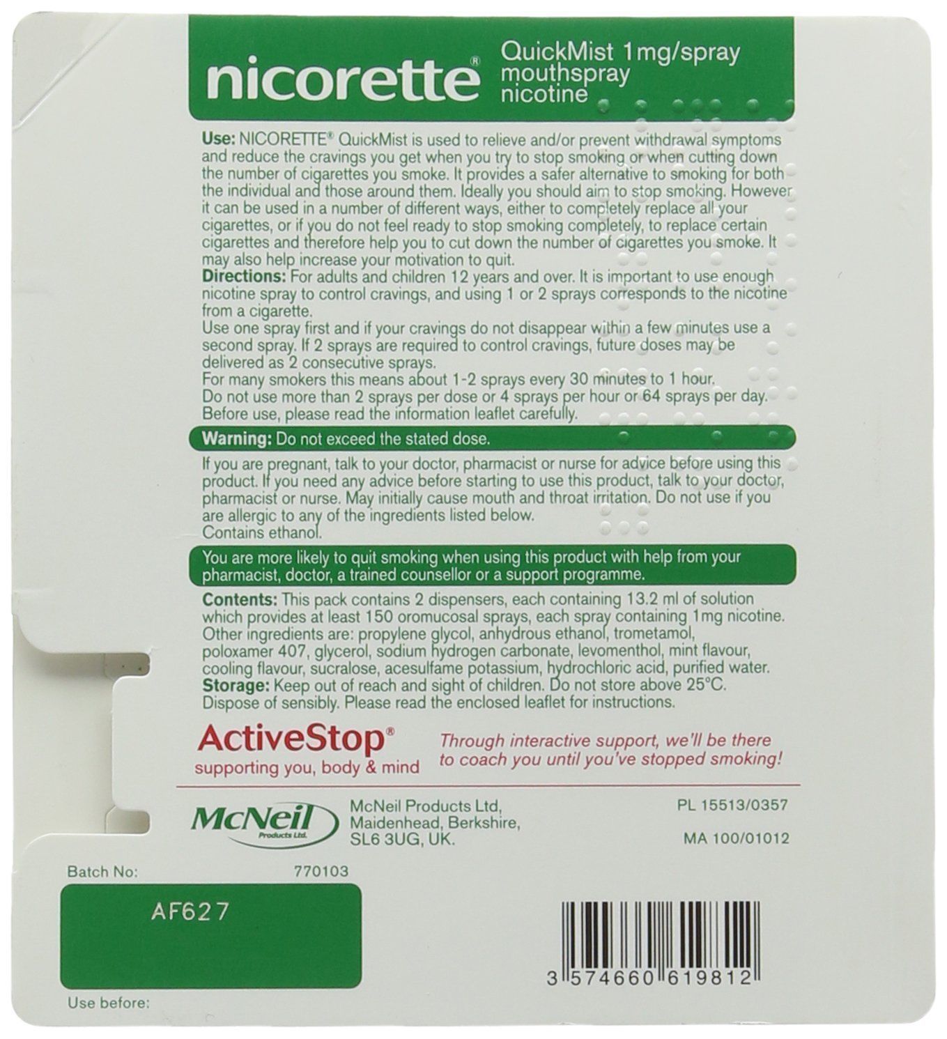 6 x Nicorette Quickmist Duo, 2 x 150 sprays-(12 SPRAY)FREE SHIP TO USA