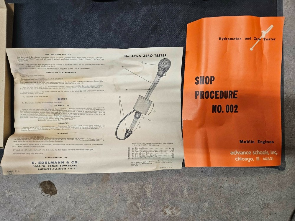E. Edelmann Battery Tester and No.461 Zero Tester Hydrometer Set Boxes Manual
