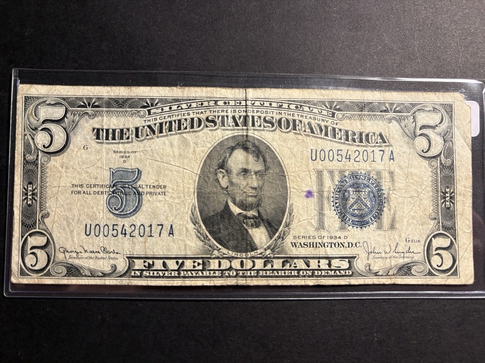 1934 $5 Silver Certificate Note — Circulated