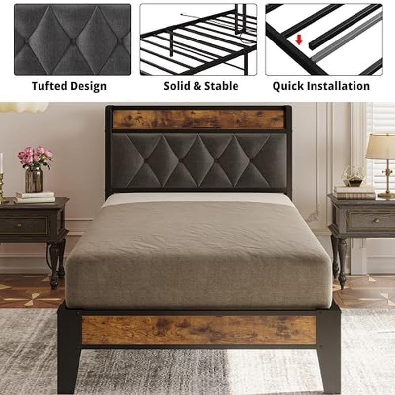 Bed Frame Twin W/ Storage Headboard & USB Outlets Stable Support Easy Assembly