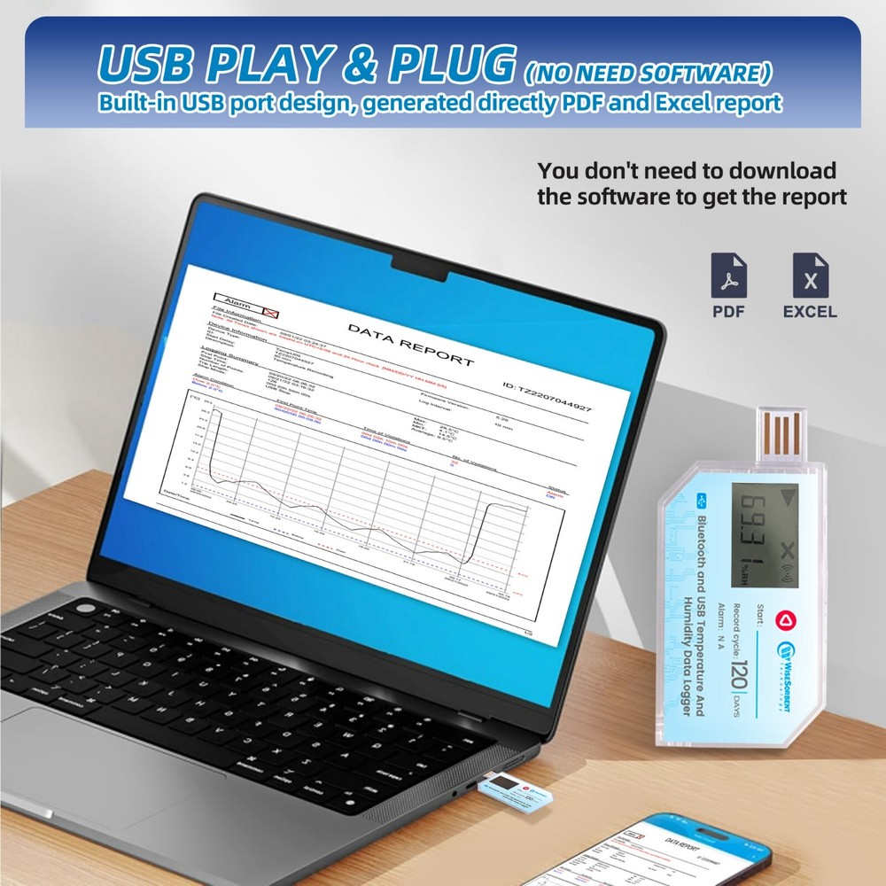 10Pcs Data Logger, Temperature and Humidity with LCD, USB, Bluetooth & App