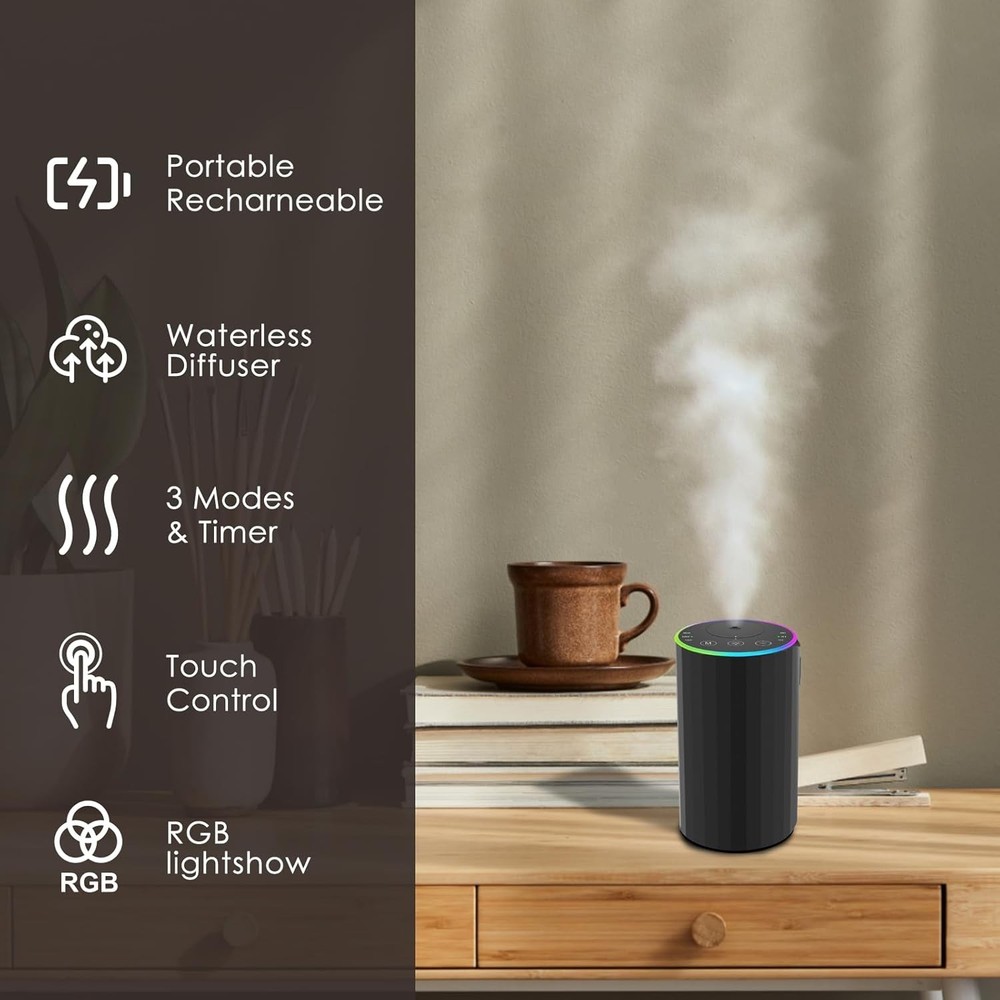 Waterless Essential Oil Diffuser, 7 Colors LED Light, Battery Powered Mini Scent