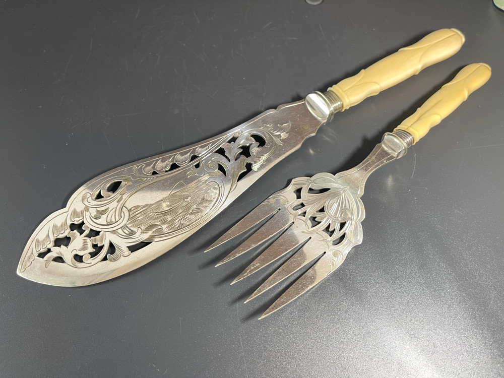 Antique Victorian Silver Plate Serving Fish Knife & Fork Set