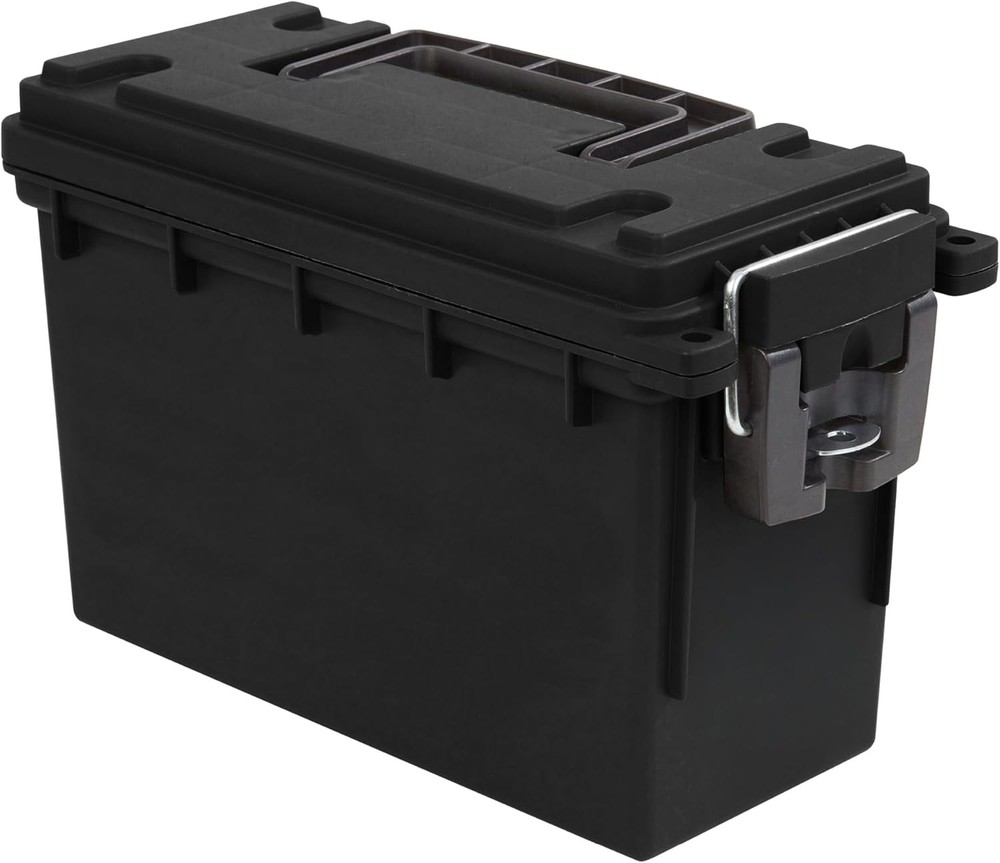 Stackable ammo storage box with lock.
