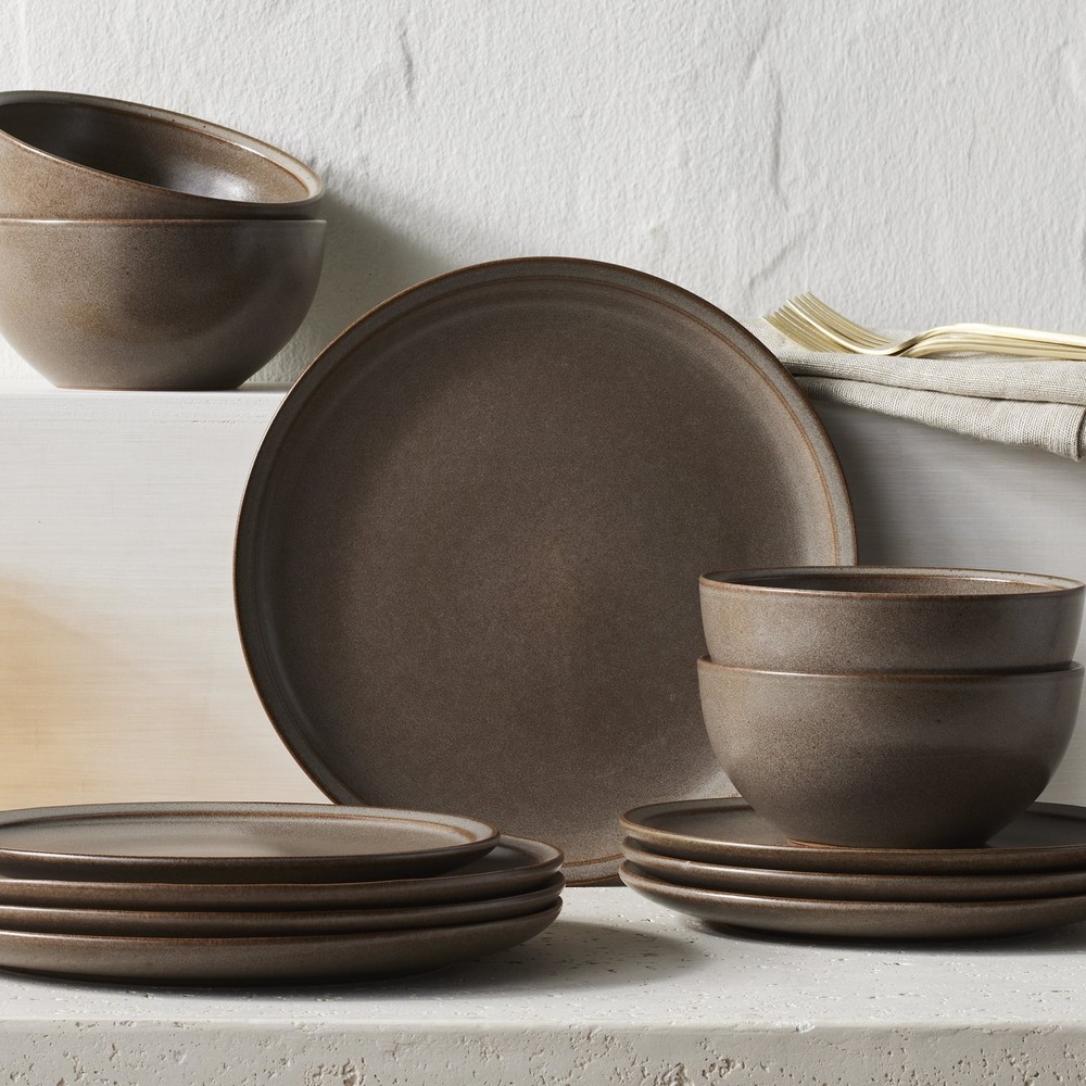 Brown 12-Piece Durable Stoneware Dinnerware Set Dinner Plates Salad Plates
