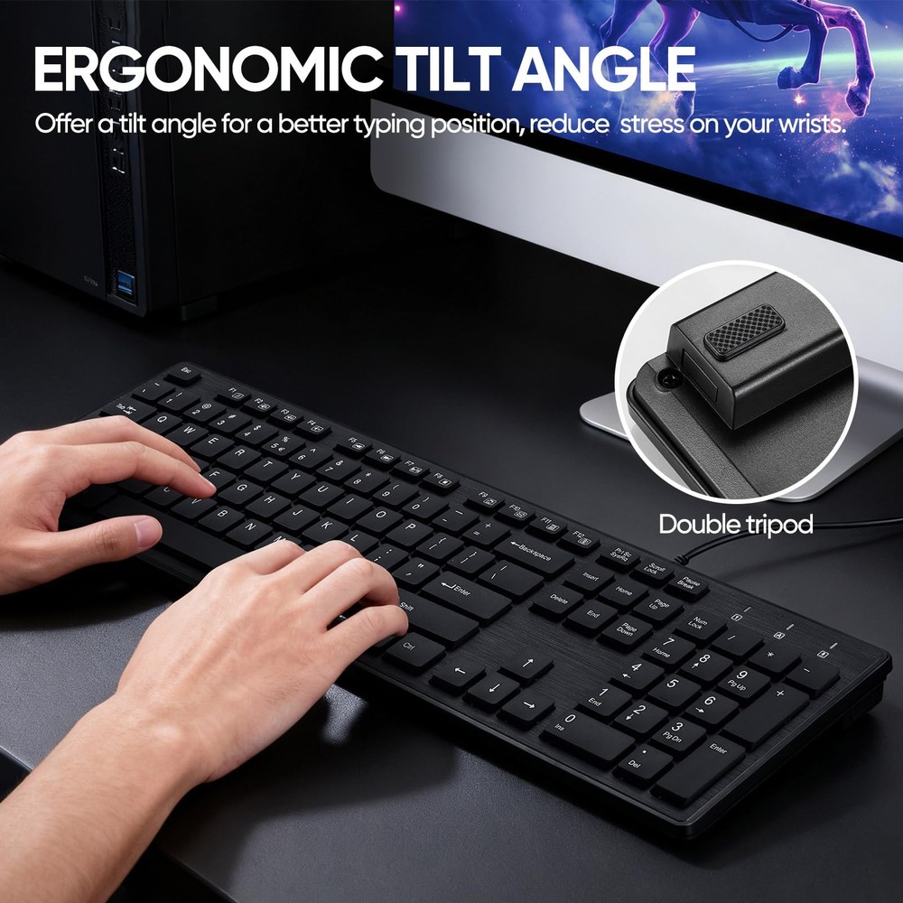 Black Wired Ergonomic Keyboard Optical Mouse Combo FullSize USB Desktop