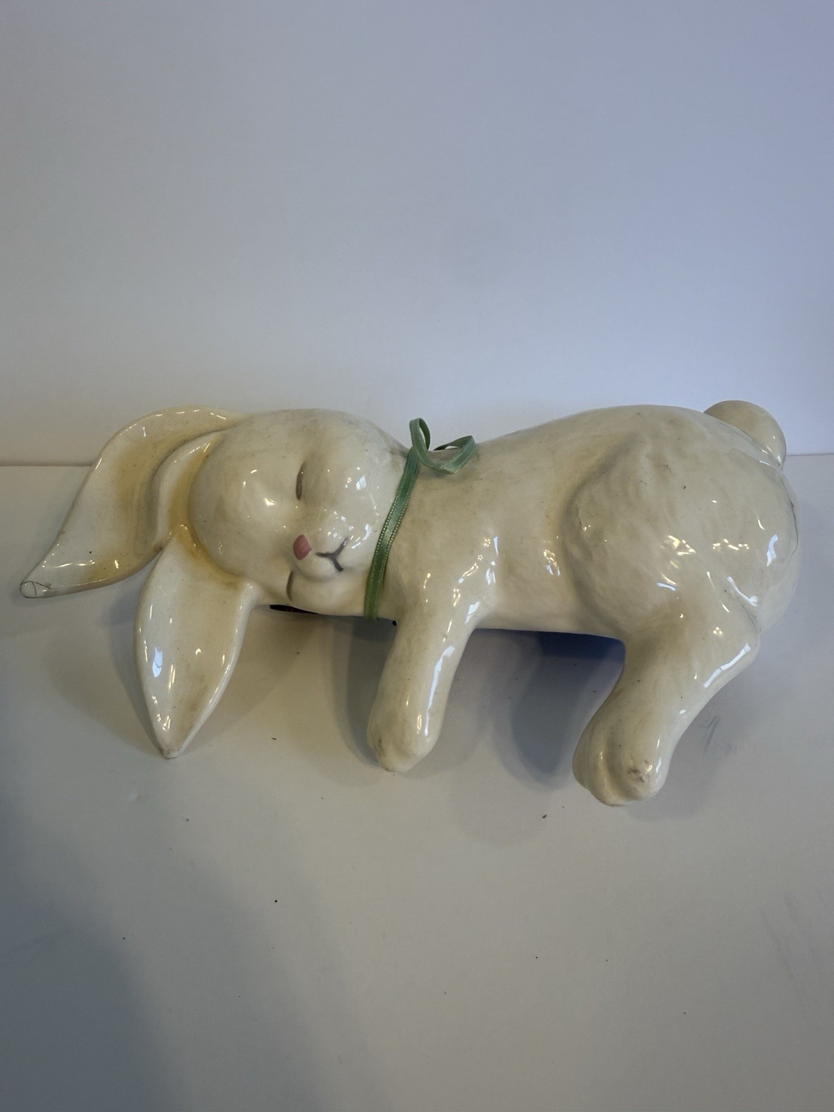 Vintage Ceramic Sleeping Bunny Shelf Sitter Hand-painted White Rabbit Ear Repair