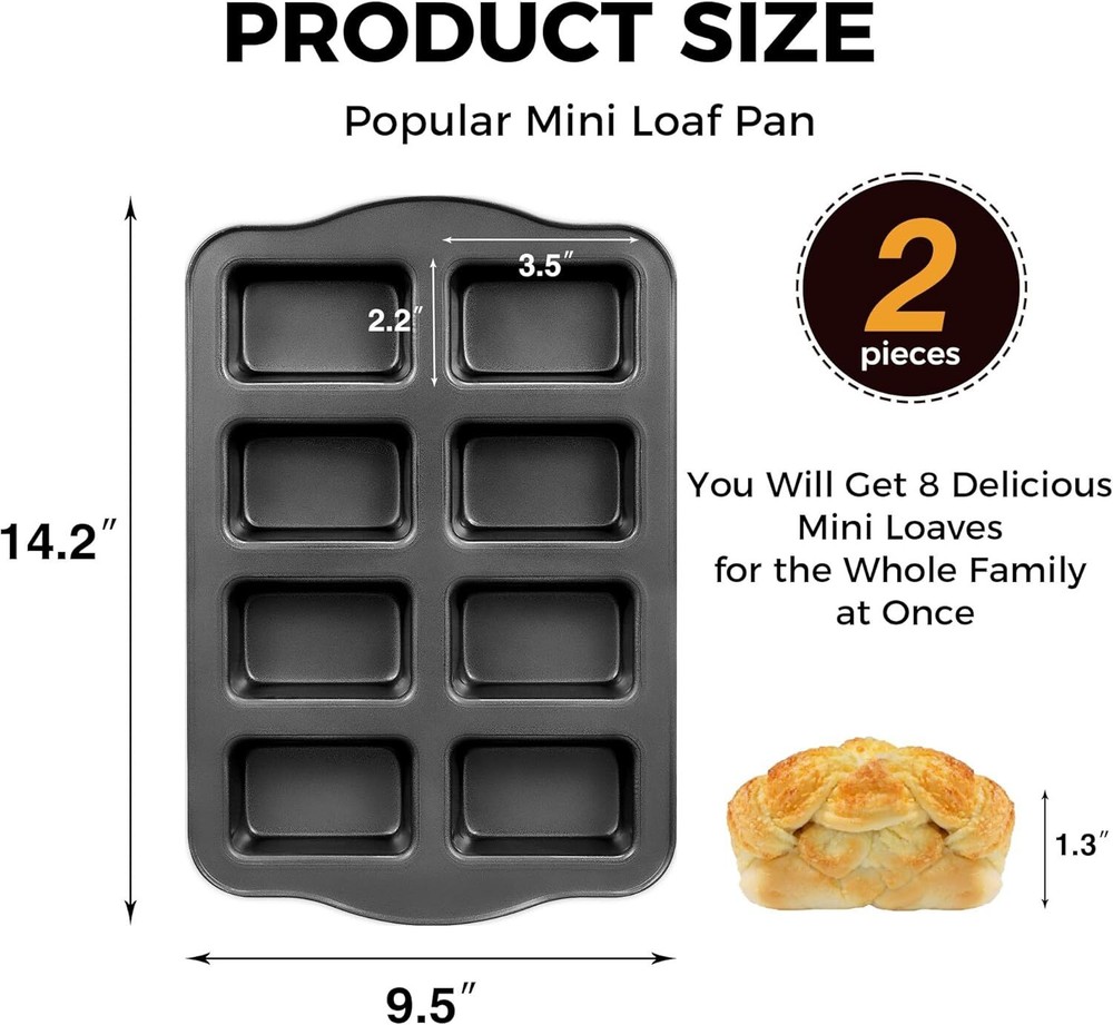HONGBAKE 2 Pack Mini Loaf Baking Pans 8-Cavity, Nonstick Small Cornbread Pan, Ti