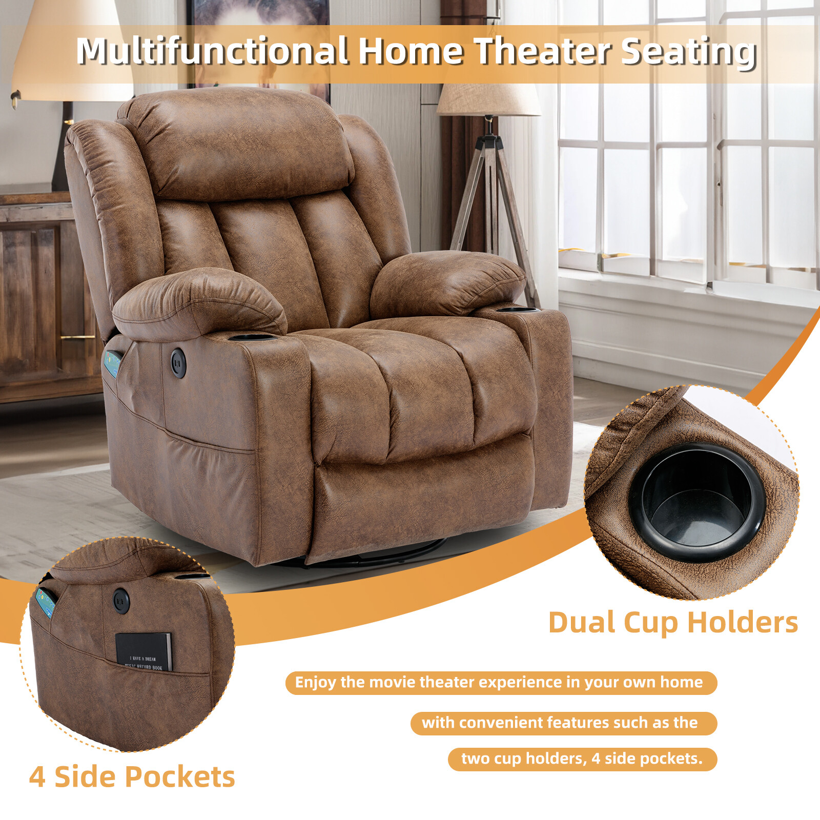 360° Swivel Overstuffed Manual Massage Glider Recliner with Heat and Vibration