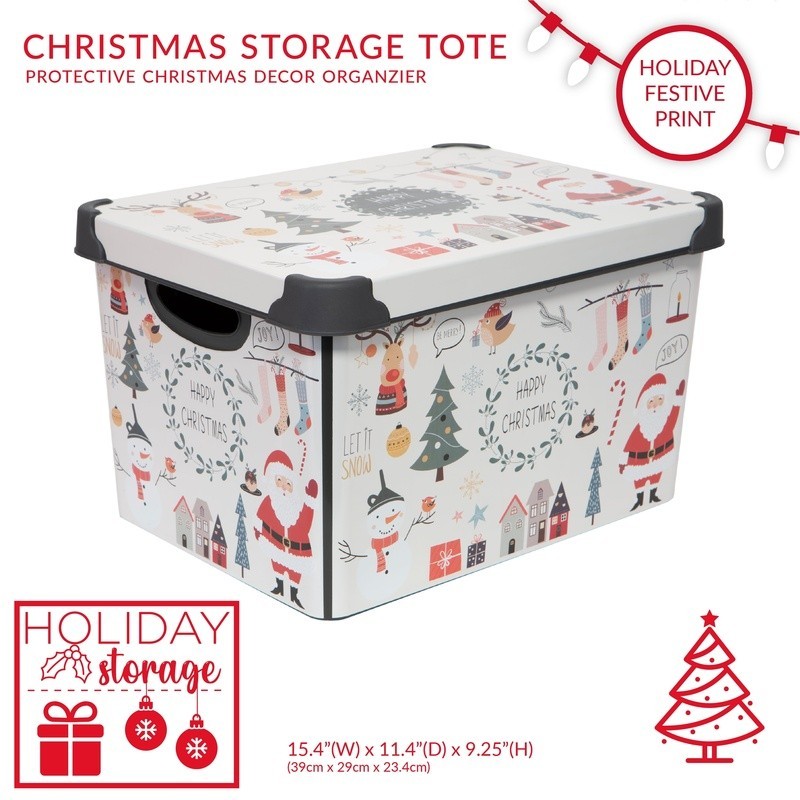 Happy Christmas Plastic Storage Tote Bin Stackable Holiday Décor Box W/ Lid New