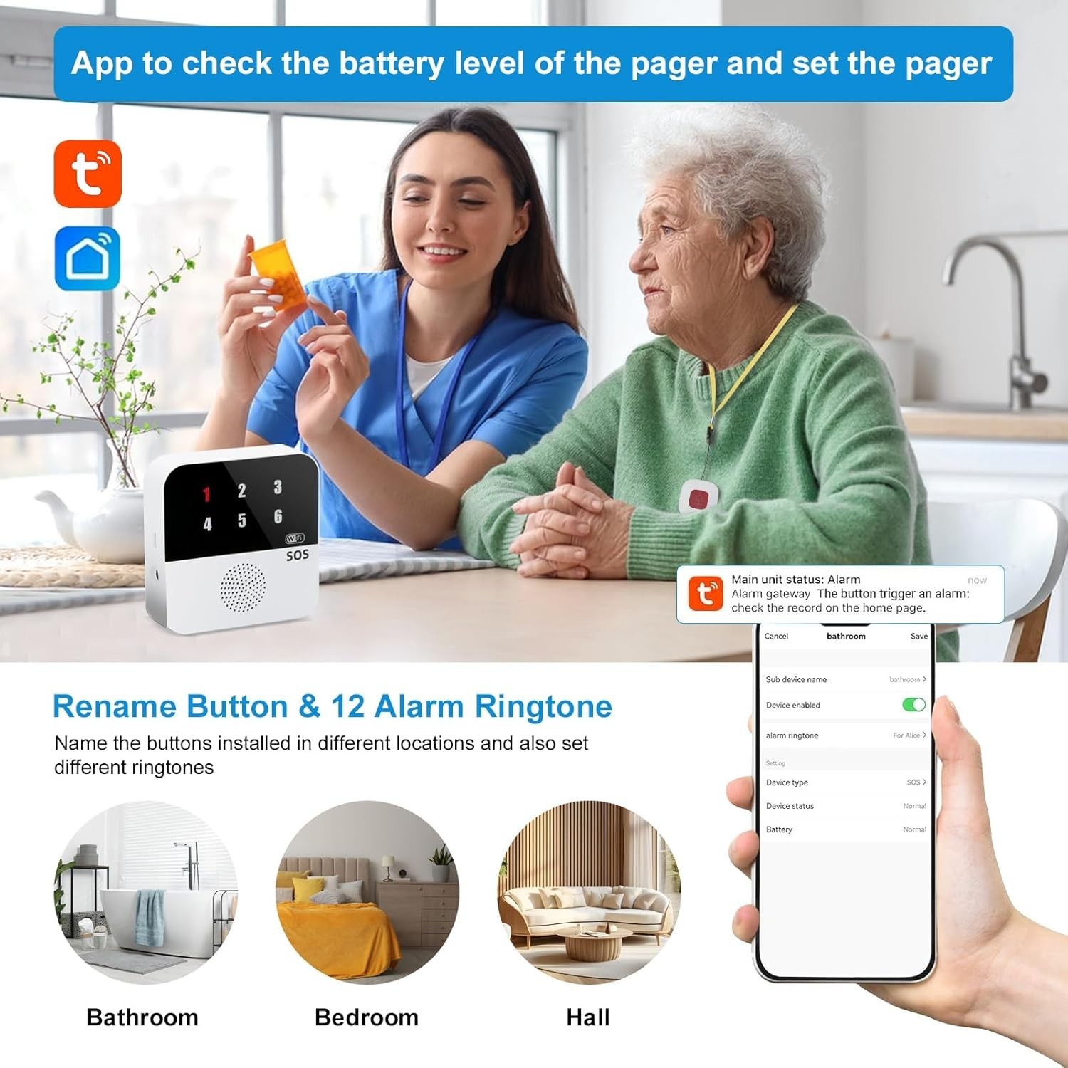 Wireless Caregiver Pager Life Alert System for Seniors No Monthly Fee, Wi-Fi APP