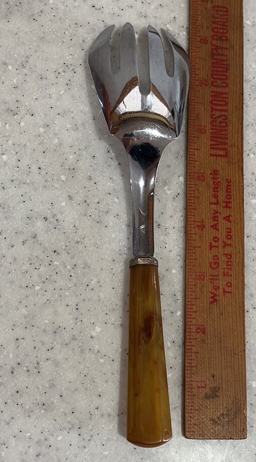Vintage Butterscotch Bakelite~Catalin Handle Serving Fork 8.5” MCM Kitsch