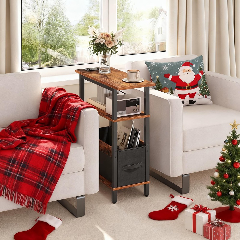 Narrow Side Table with Charging Station, Slim End Table with Fabric Storage, ...