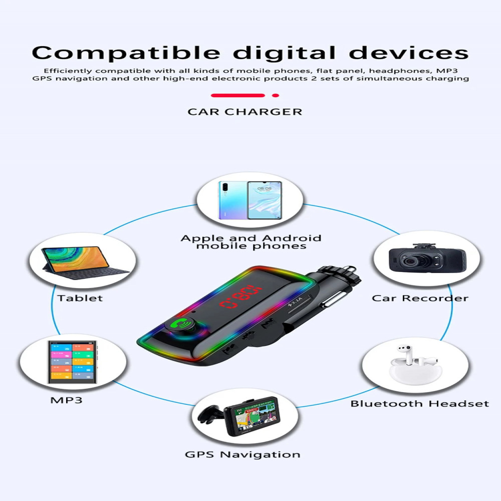 Car Wireless Bluetooth5.3 FM Transmitter MP3 Player USB Car Fast Charger Adapter