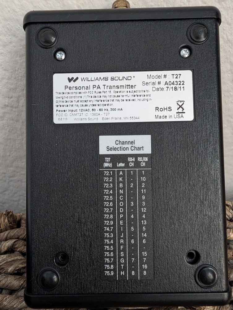 Williams Sound PPA T27 Personal PA Compact FM Transmitter Base Station