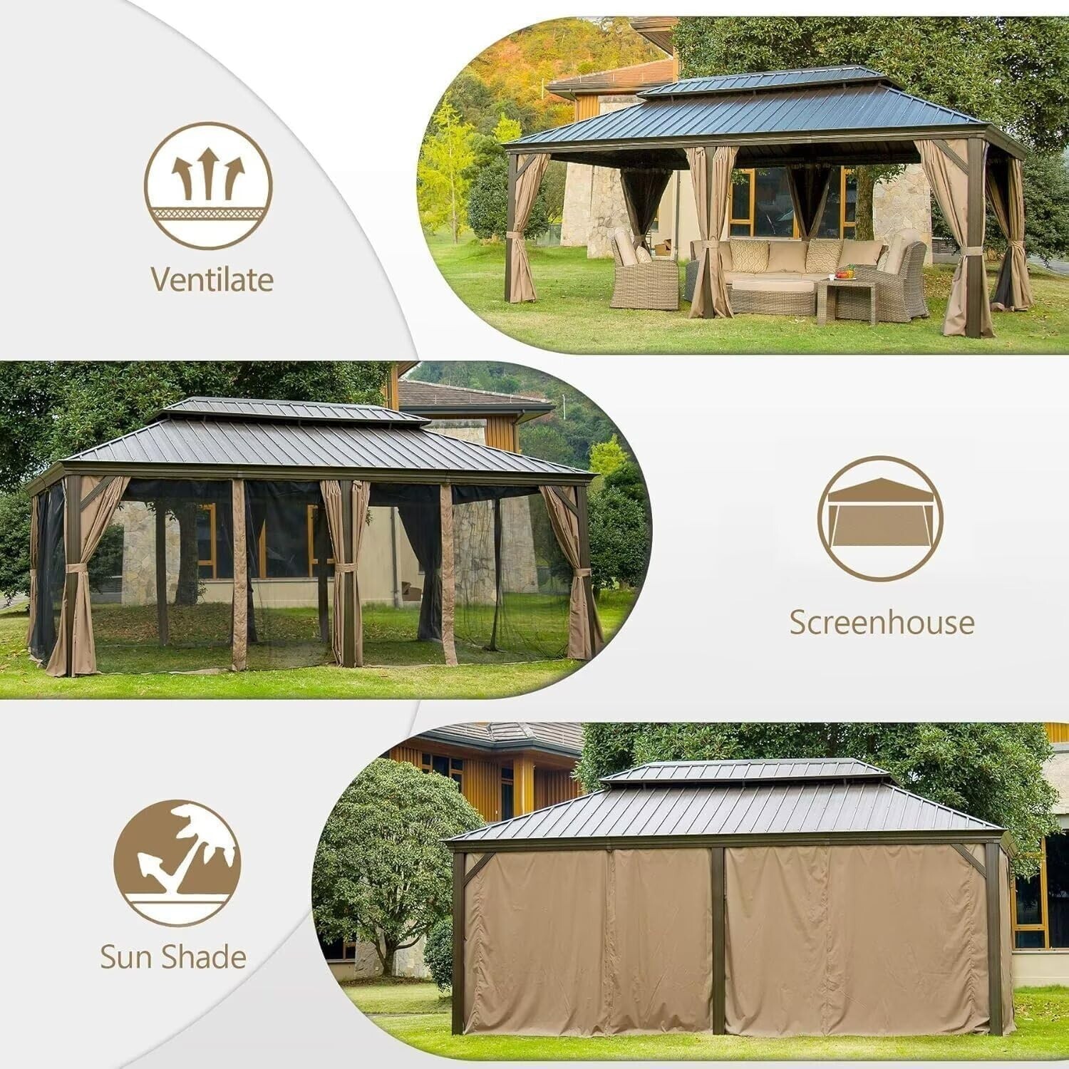 14' x 24' Outdoor Hardtop Gazebo Aluminum Brown Frame w/Sidewalls Double Roof