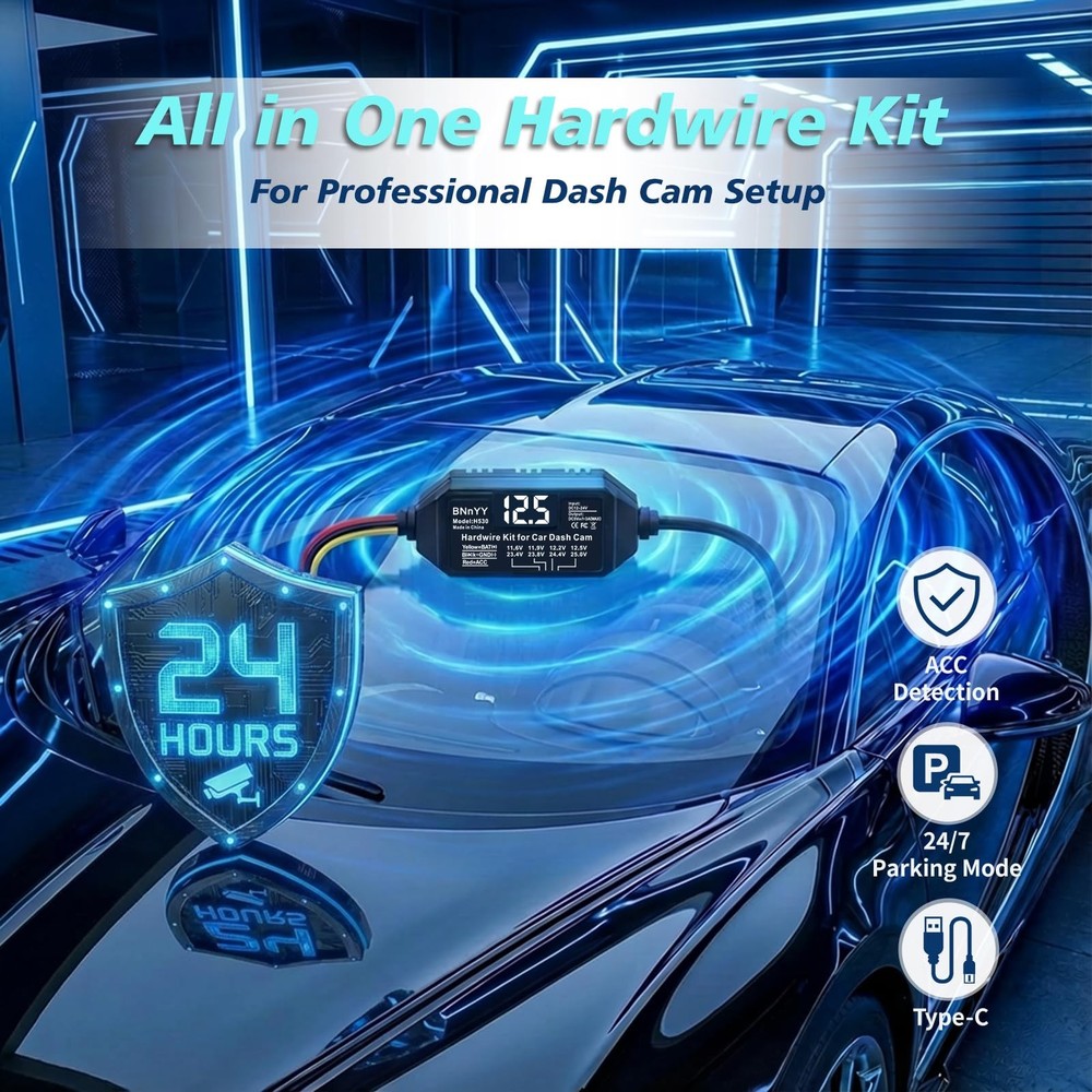 USB-C Hardwire Kit for Dash Cam with Acc Detection, 4-Level Adjustable Black
