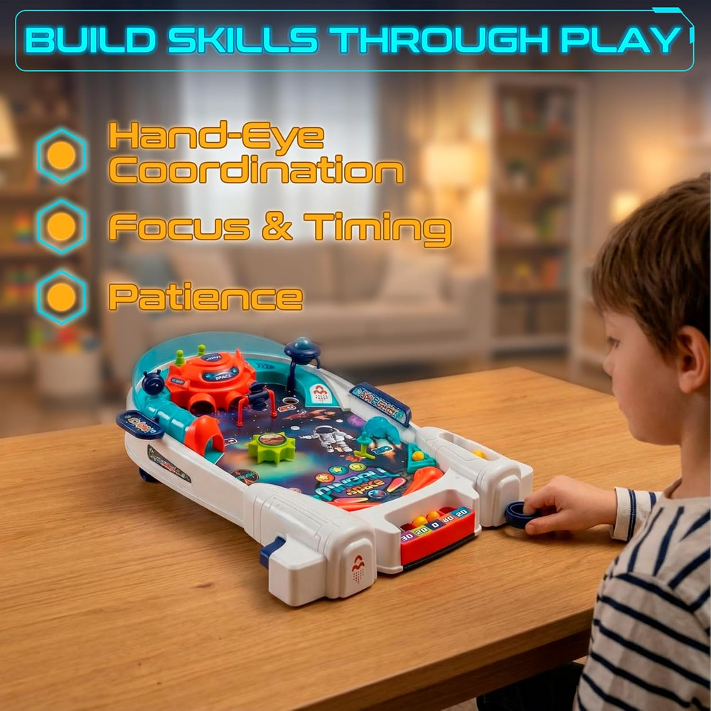 Space Pinball Machine — Tabletop Arcade Game with Obstacles, Pull-Rod Launcher,
