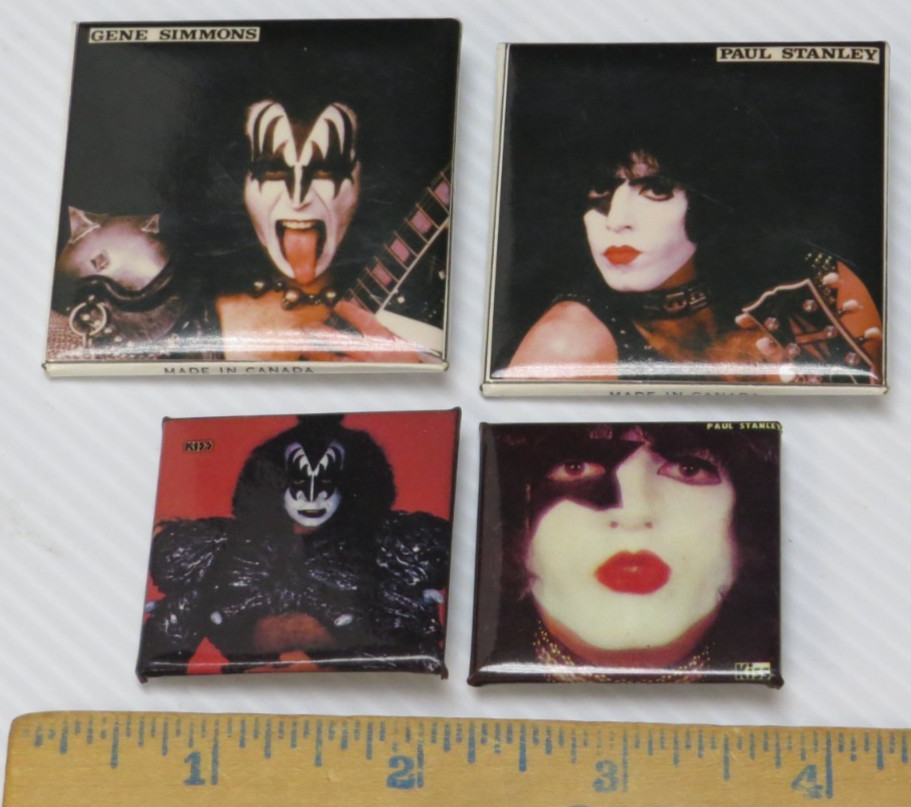 KISS VINTAGE 1980's SQUARE BUTTONS FROM CANADA - LOT OF 4 GROUP SET #19