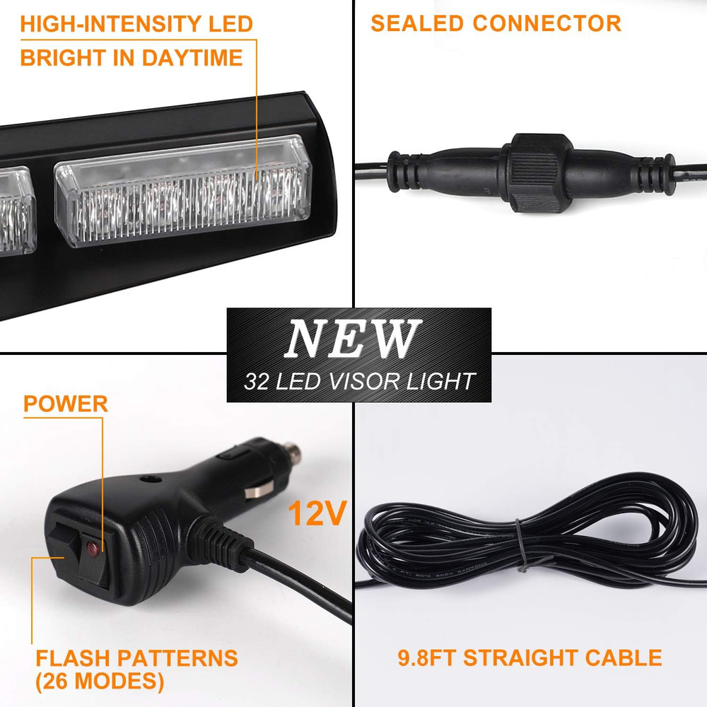 32LED Visor Lights 26 Flash Patterns Windshield Emergency Hazard Warning Strobe