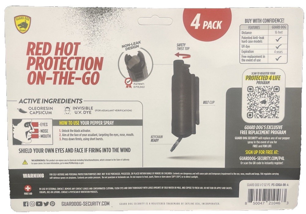 Guard Dog Security Pepper Spray 4 Pack 0.5oz Keychain 16ft Range - NEW