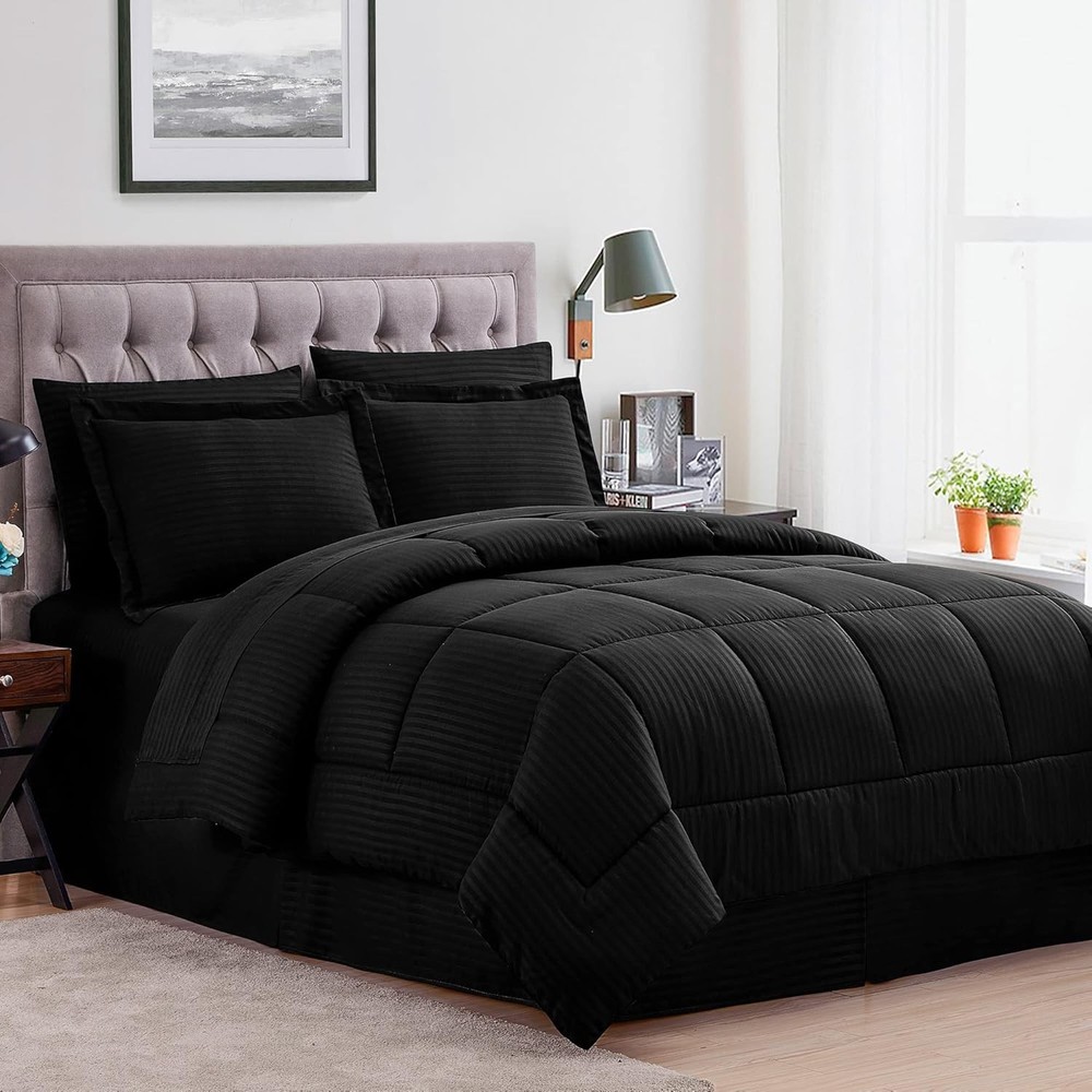 Black Dobby Queen Comforter Set with 8 Pieces