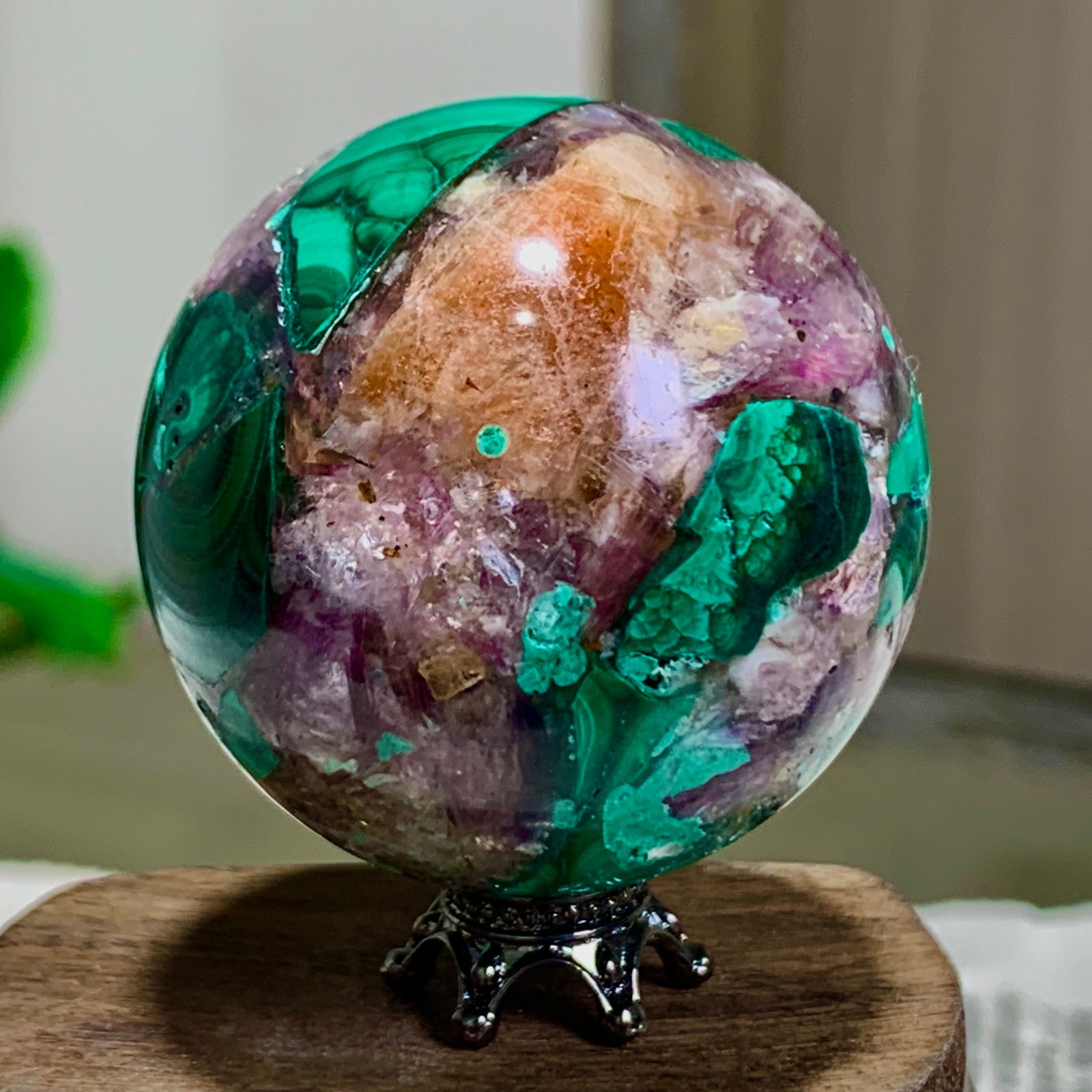 108G Newly discovered rare malachite purple mica symbiotic sphere restoration
