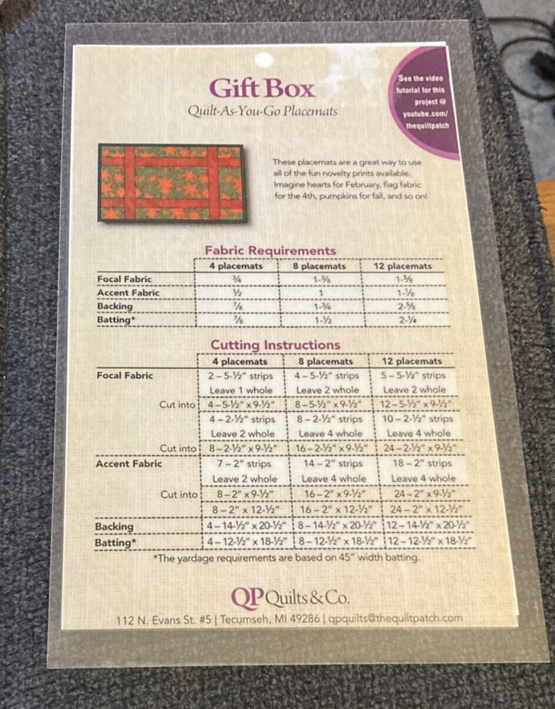 Rare QP Quilts & Co. GIFT BOX Quilt Placemat 2013 pattern only