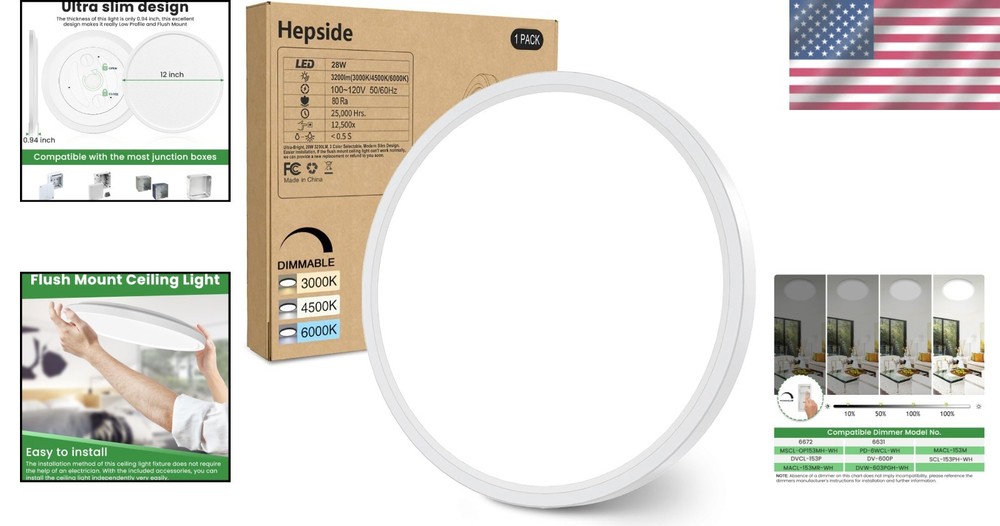 Energy-Efficient 12-Inch LED Ceiling Light - Adjustable Brightness & Color Modes