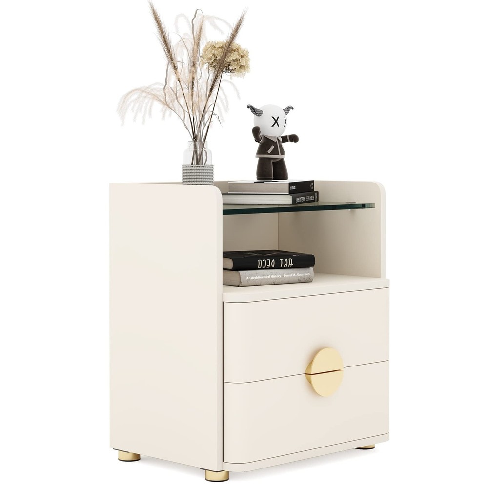 Nightstand with 2 Drawers, Modern Night Stand with Open Storage Space, Wood B...